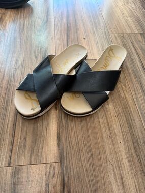 Sam Edelman Black Crisscross Slide Sandals with Tan Footbed